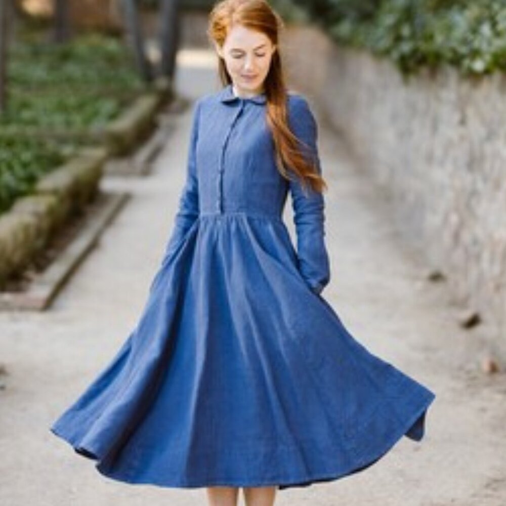 Sondeflor Vintage Style Linen Dress Navy Blue Size Medium